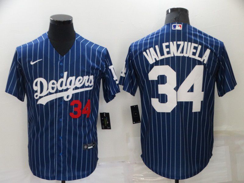Men Los Angeles Dodgers 34 Valenzuela Blue stripe Game Nike 2022 MLB Jersey